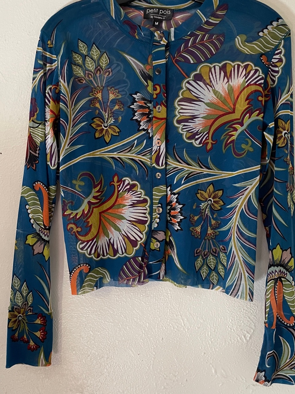 Petit Pois Teal Tropical Floral Sheer Nylon Mesh Blouse Shell Buttons M - Picture 11 of 12